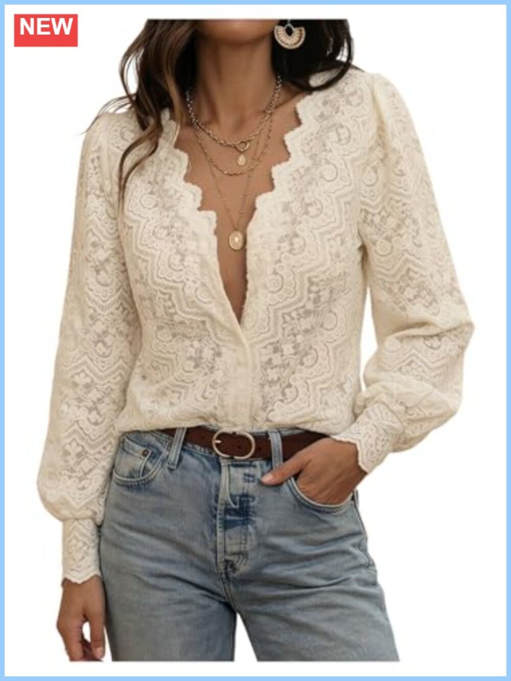 Women's Lace Mesh Embroidered Button Down Blouse Sheer Peasant Top